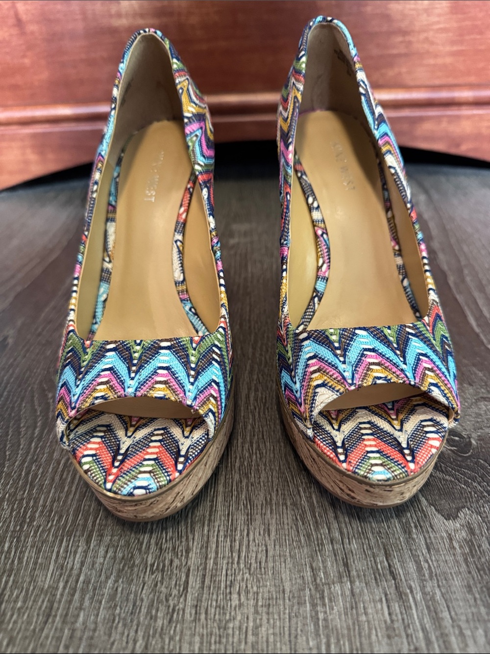 Nine West Multicolor Chevron Peep-Toe Wedge Pumps - Picture 2 of 13
